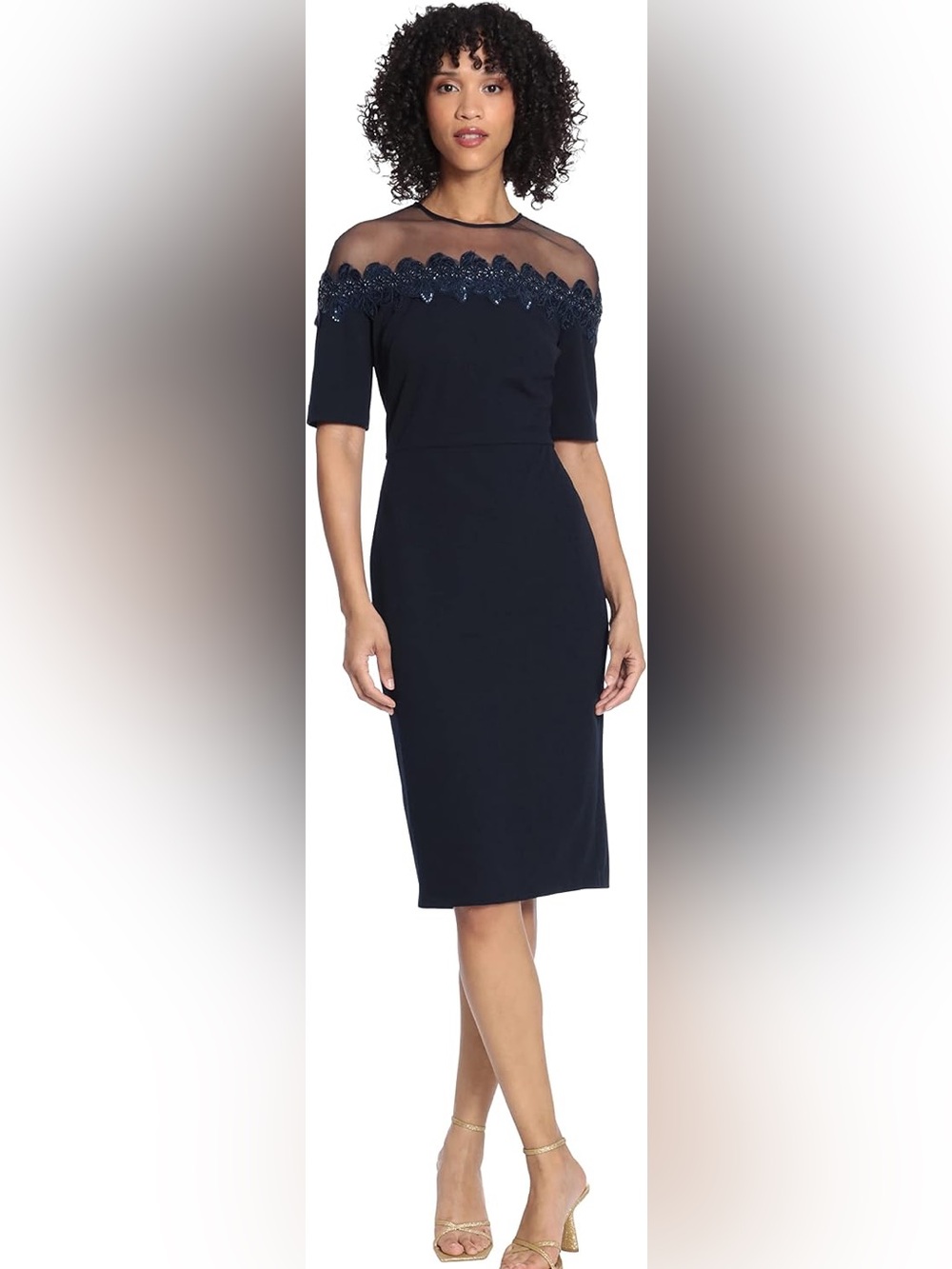 Maggy London Navy Sheath Dress with Lace Illusion Yoke